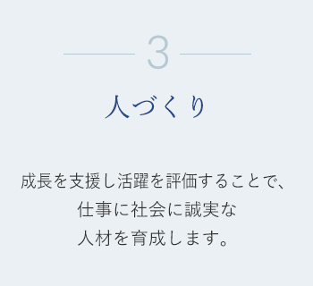 3. 人づくり　成長を支援し活躍を評価することで、仕事に社会に誠実な人材を育成します。